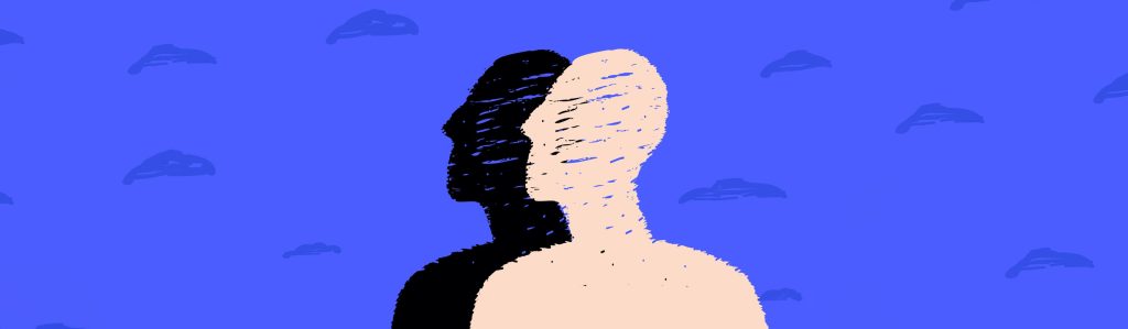 An illustration of two simplified human silhouettes facing each other against a blue cloudy background, representing dialogue and balance between different perspectives when it comes to accessibility and EAA choices