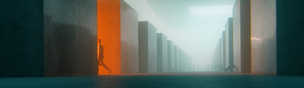 Abstract image of people walking through large, tall doorways in a hazy, geometric corridor with orange lighting.