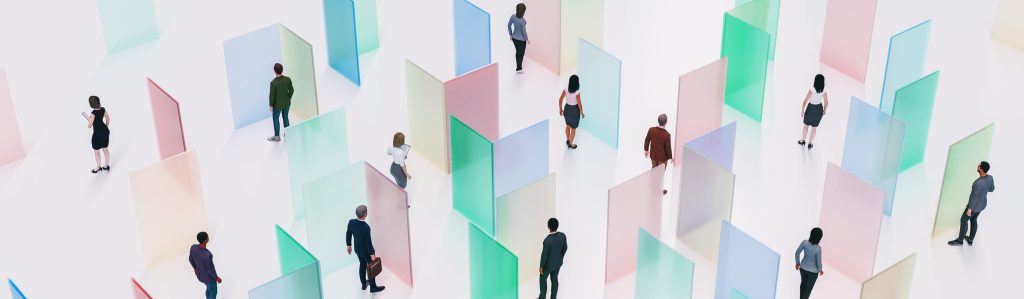 Figures move among glass-like panels in varied colours, representing usre experience choices and appealing to AI architecture