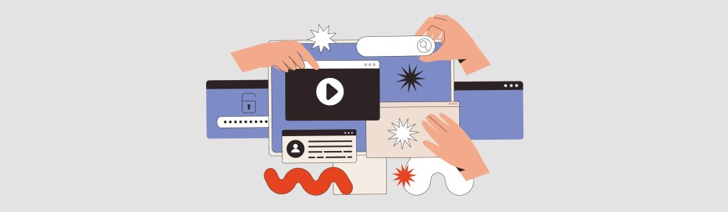 Illustration of hands arrangeing website interface elements symbolising GEO-ready UX, accessibility and structured content.