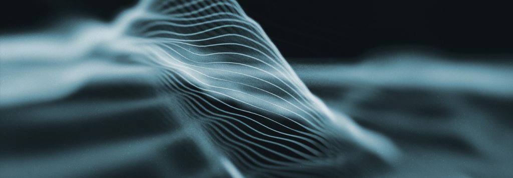 Rhythmic glowing line patterns symbolising real-time AI data transmission and intelligent system dynamics