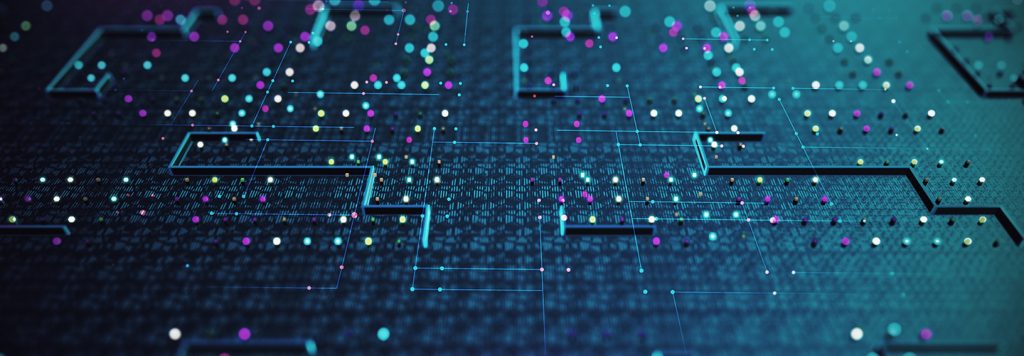 Abstract representation of an AI neural network or sensor grid, depicted as glowing nodes connected by circuit board pathways in a digital microchip environment.