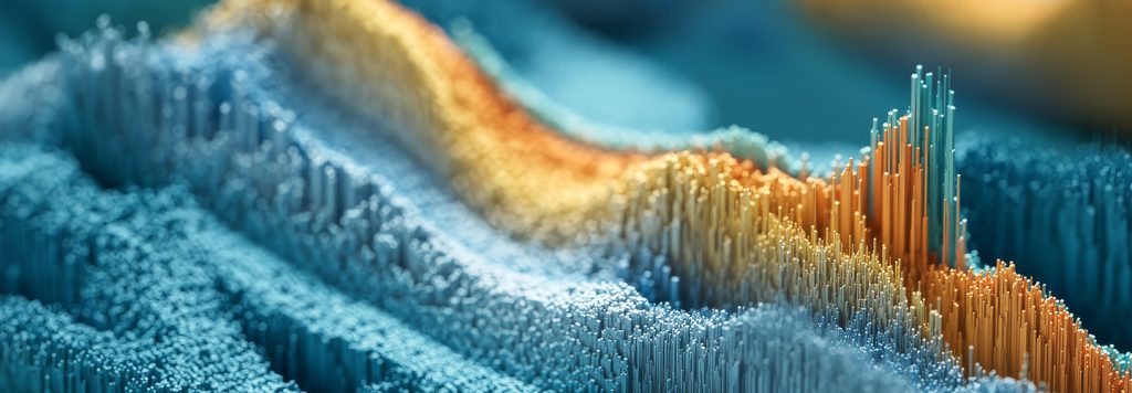 Abstract representation of AI spatial scan data visualised as a undulating landscape of densely packed vertical bars with height-encoded colour gradients from blue to gold.